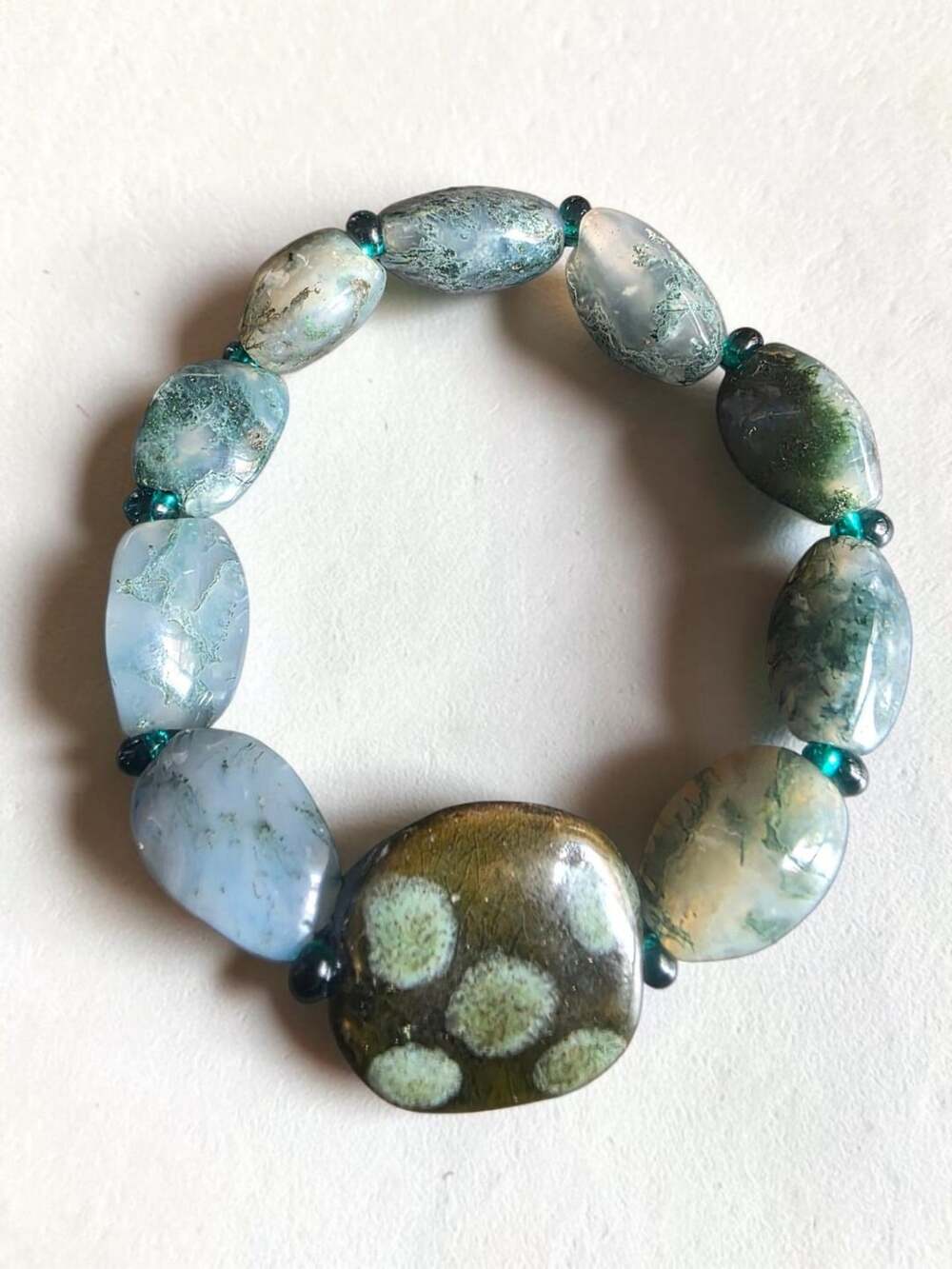 Moss Agate And Ceramic Bead Stretch Bracelet